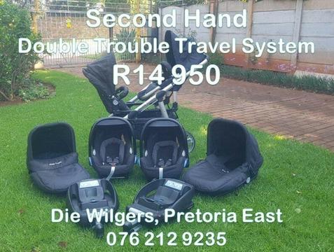 Second Hand Double Trouble Twin Travel System with Bases
