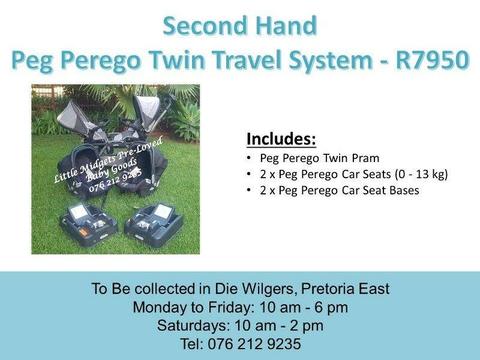 Second Hand Peg Perego Twin Travel System with Belted Bases