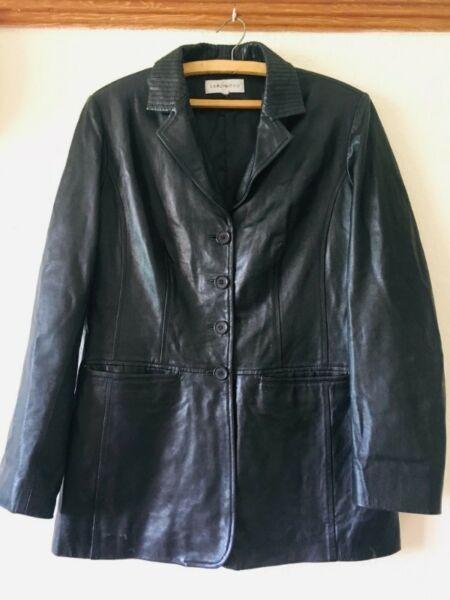 Leather jacket for women 10/12, long black classy, R 2000