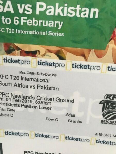 2x Cricket tickets. T20. Sa vs Pakistan. 1 Feb