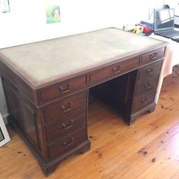 Green leather inlayed 9 drawer desk