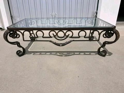 Stunning Large Coffee Table with Beveled Glass Top on Dark Wrought Iron Frame