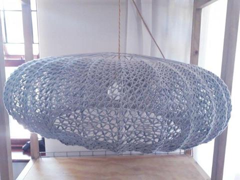Stylish, hanging lamp shade for sale. Crocheted in blue grey bamboo wool one a steel frame