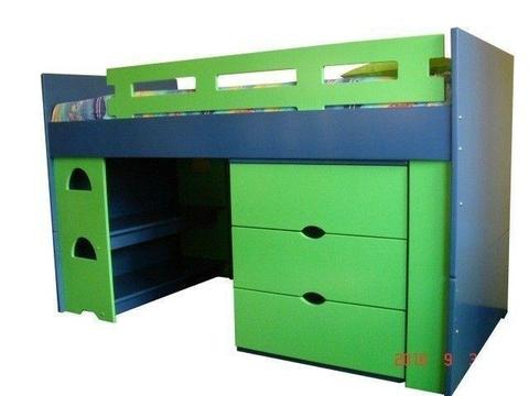 Kids bedroom furniture with bed, bookshelf, cupboard and chest of drawers