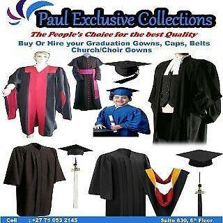Graduation gowns, hats and sashes, court gowns, clergy shirts, church robes for sale and hire