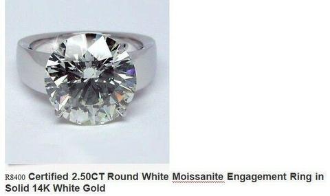Certified 2.50CT Round White Moissanite Engagement Ring in Solid 14K White Go