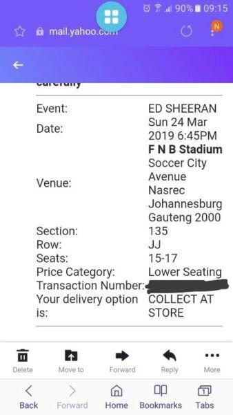 3 x Ed Sheeran tickets. R850 24 March 2019 FnB stadium Johannesburg Selling all 3 together