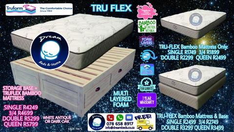 FREE DELIVERY! TRU FLEX Double Mattress or Queen - WOOD STORAGE BED with DRAWERS On Sale