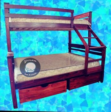 Wood Tri Bunk Bed - Single over Double Bed. FREE DELIVERY