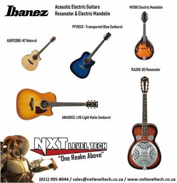 Ibanez AW400CE-LVG, AEW120BG-NT and PF15ECE Acoustic-Electric Guitars. Ibanez RA200-BS and M510E