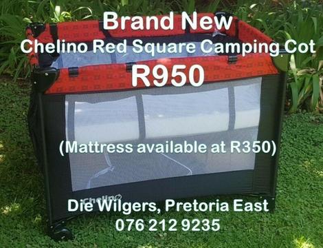 Brand New Chelino Red Square Camping Cot (Mattress available at R350)