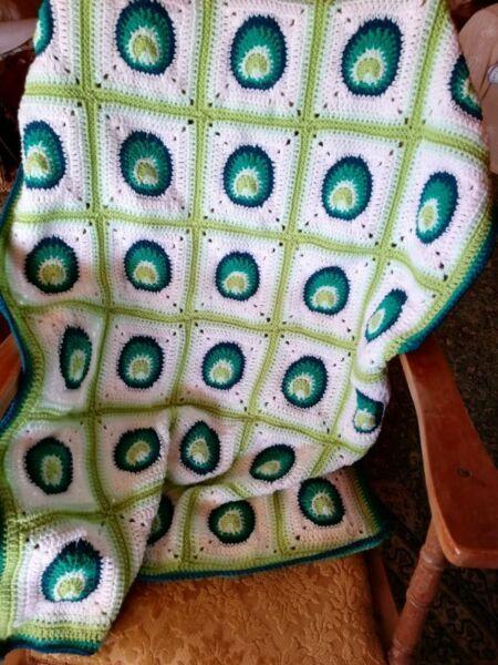 Green peacock feather crochet baby blanket for sale