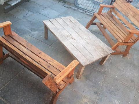 WOODEN PARK BENCHES MADE FROM PALLETS WITH RUSTIC COFFEE TABLE R1250 CAN DELIVER