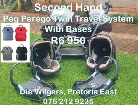 Second Hand Peg Perego Twin Travel System with Bases (FREE Nappy Bag if Purchased in February)
