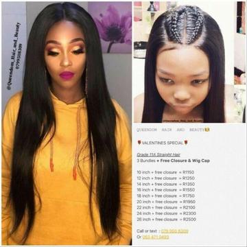 VALENTINES SALE ON GRADE 11A BRAZILIAN AND PERUVIAN HAIR. FREE CLOSURE AND WIG CAP. C/W 079 950 8309 