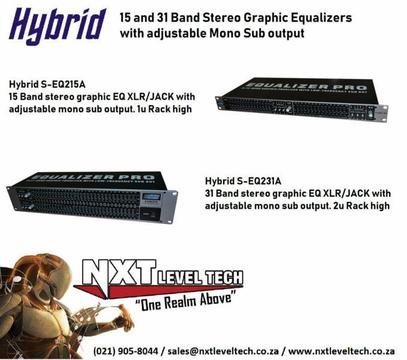 Hybrid 15 and 31 Band Stereo Graphic Equalizers with adjustable Mono Sub output 