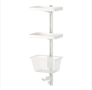 Modern white upright wall bracket with 2 shelves , basket and triple hook 
