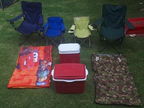Camping equipment Camping chairs, tent, cooler box. 