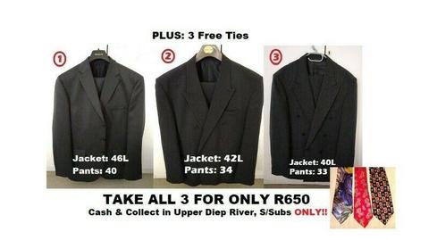 Take ALL Three (3) Suits for Only R650 cash. All in Excellent Condition . PLUS 3 Free Ties. 