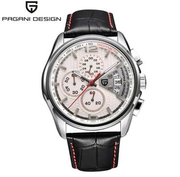 Pagani Design Mens 44.5mm Quartz Chronograph Sports Watch With Genuine Leather Strap  