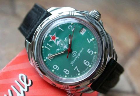 Vostok Komandirskie Mechanical Daily Wind Russian Field Watch With Genuine Leather Strap  