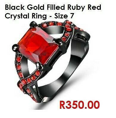 Beautiful Black Gold Filled Ruby Red Crystal Ring - Size 7 