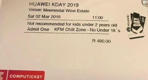 2x Huawei KDay Chill Zone tickets -no under 18s 