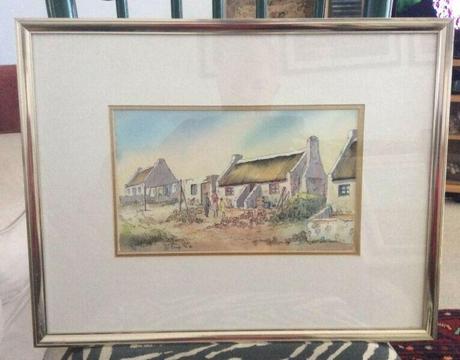 Watercolor of Fisherman Cottages in Arniston - by Di Breeze 1994 