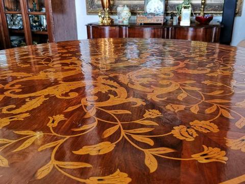 R8,500 - Antique Marquetry Dining Table C1850 with Exquisite Detailing. 