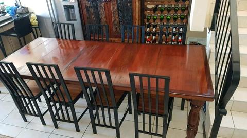 SOLID SLEEPER WOOD 10 SEATER TABLE WITH 8 SLEEPER WOOD / IRON CHAIRS 