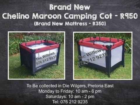 Brand New Chelino Maroon Camping Cot (Brand New Mattress - R350) 