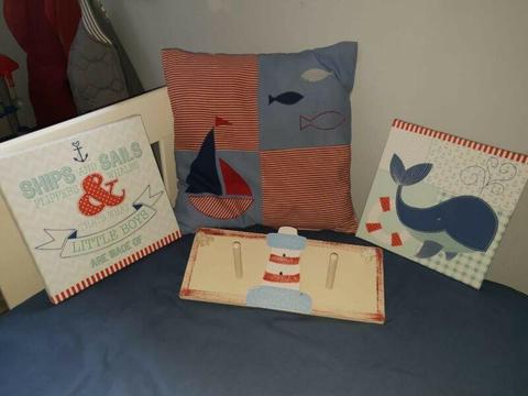Nautical themed kids room decor - 1 x pillow, 2 x picture blocks, 1 x lighhouse wall hook. 