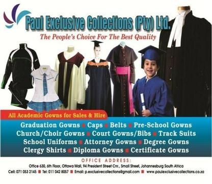 Graduation gowns, hats and sashes, court gowns, clergy shirts, church robes for sale and hire 