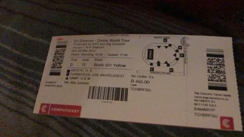 Two Ed Sheeran tickets for sale for the 24th of March in joburg  