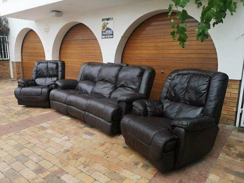 3 Pc Recliner Lounge Suite Genuine Leather Couches Dark Choc Brown Price Neg Call Bobby 0764669788  