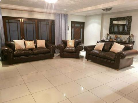 Stunning THICK KUDU Leather Lounge Suite, Large Studded, 3, 2 and 1 seaters, Good Condition 