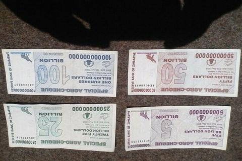 Zimbabwe Bank Notes Agro-Cheques price for set of 4 :- 100, 50, 25 and 5 Billion 
