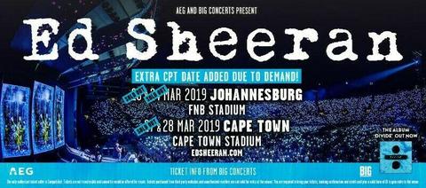 2 x Ed Sheeran Divide World Tour 2019 Golden Circle Tickets FNB Stadium Saturday 23rd March 