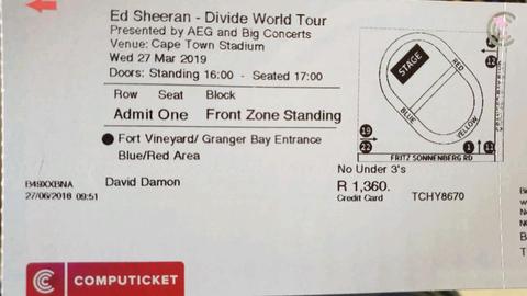 ED SHEEREN - DIVIDE WORLD TOUR - ORIGINAL PRICE 