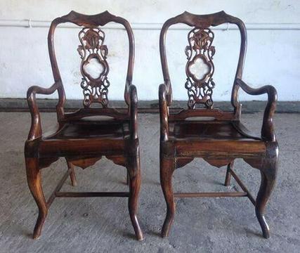Antique Hardwood Carved Chinese Chairs with Marble Inlay 