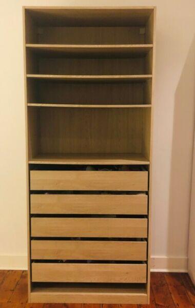 Cupboard - shelves and 5 drawers oak finish 