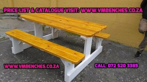 GARDEN BENCHES -- PICNIC BENCHES, FULL PRICE LIST--AND--CATALOGUE -- visit--- WWW.VMBENCHES.CO.ZA 