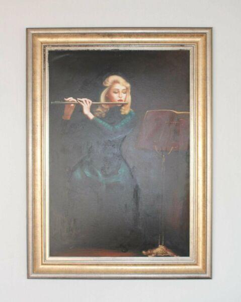 Large Vintage Painting of Woman Playing the Flute  