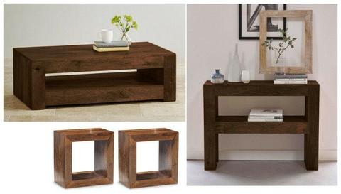 Awesome chunky dark wood furniture set: coffee able, side cubes, side table 