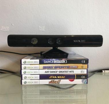 Xbox 360 Kinect sensor and various games 