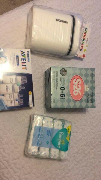 Philip avent bottle set, s-26 formula, pampers wipes pack, and snookum twin bottle warmer  
