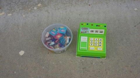 Kids toy cash register complete with lots of Checkers 