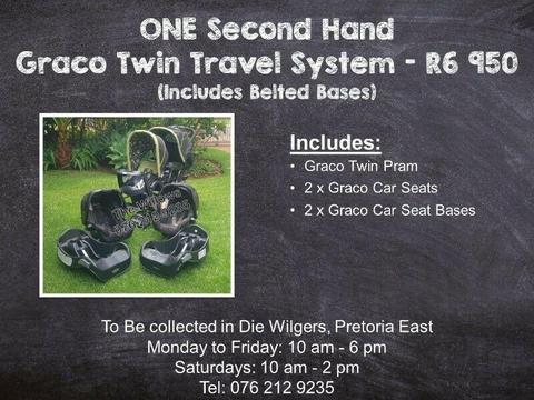 Second Hand Graco Twin Travel System with Belted Bases 