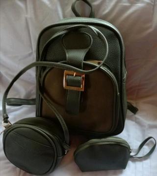 Brand New Dark Olive Green 3 Piece Handbag/Back Pack Set 