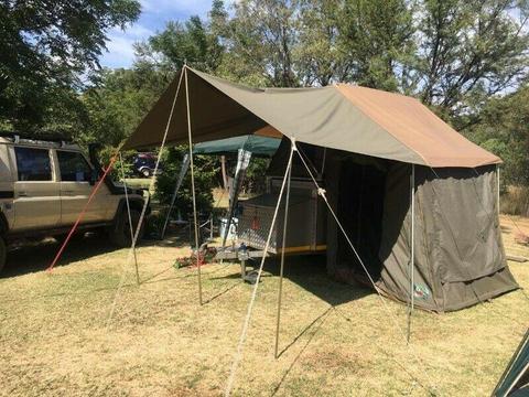 Camping trailer fitted with a brand new Tentco Junior Safari tent with awning. 